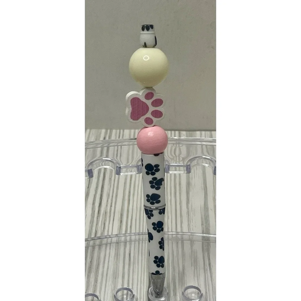 Beautiful Pink, Black And White Paw Print Beaded Pen Black Ink